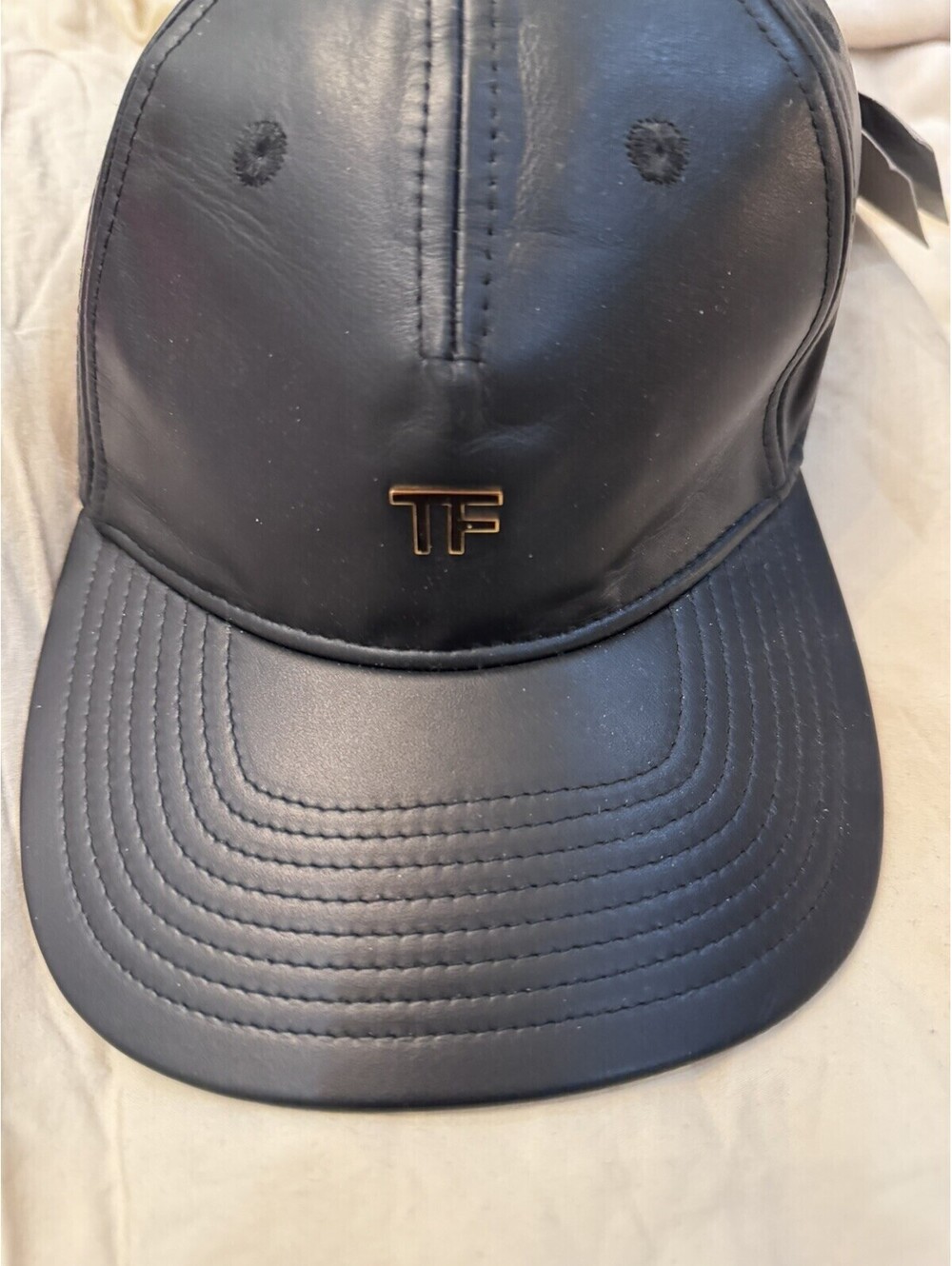 Tom Ford Black Leather Baseball Cap with TF Logo